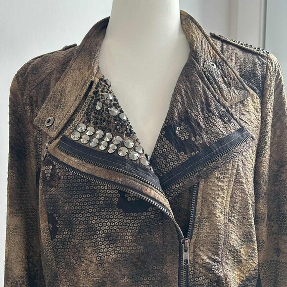 Simon Chang Bronze Textured Moto Jacket with Stones & Embellishments - US 12 - Picture 7 of 10